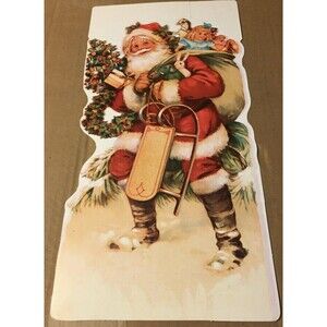 VTG CHRISTMAS EUREKA SANTA CLAUS WITH TOYS & SLED DIE CUT 14.5 X 8" NOS 2 SIDED